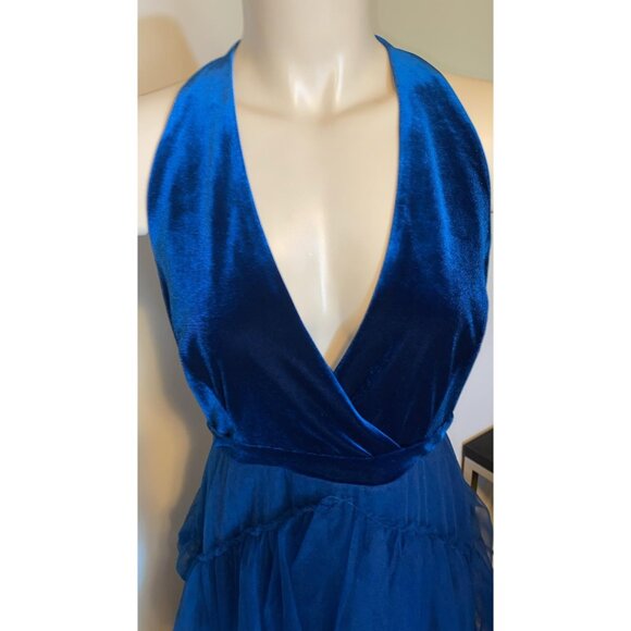 BCBGMAXAZRIA TIERED FLOOR LENGTH GOWN IN POSEIDON BLUE - Picture 3 of 8